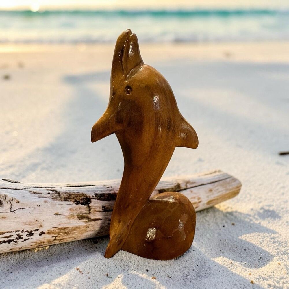 Wood Dolphin Figurine Hand Carved Teak 5.5” Marked Hawaii Vintage